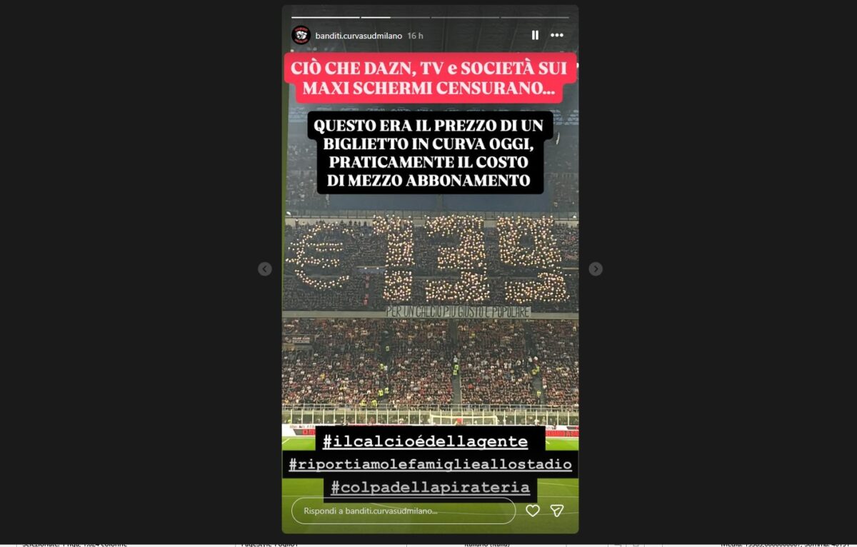 Milan-Juventus, la protesta dei tifosi contro il caro biglietti: “Per un calcio più giusto e popolare”