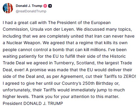 Dazi, nuovo avvertimento di Trump all’Ue: “Rispettate l’accordo o dal 4 luglio le tariffe saliranno”