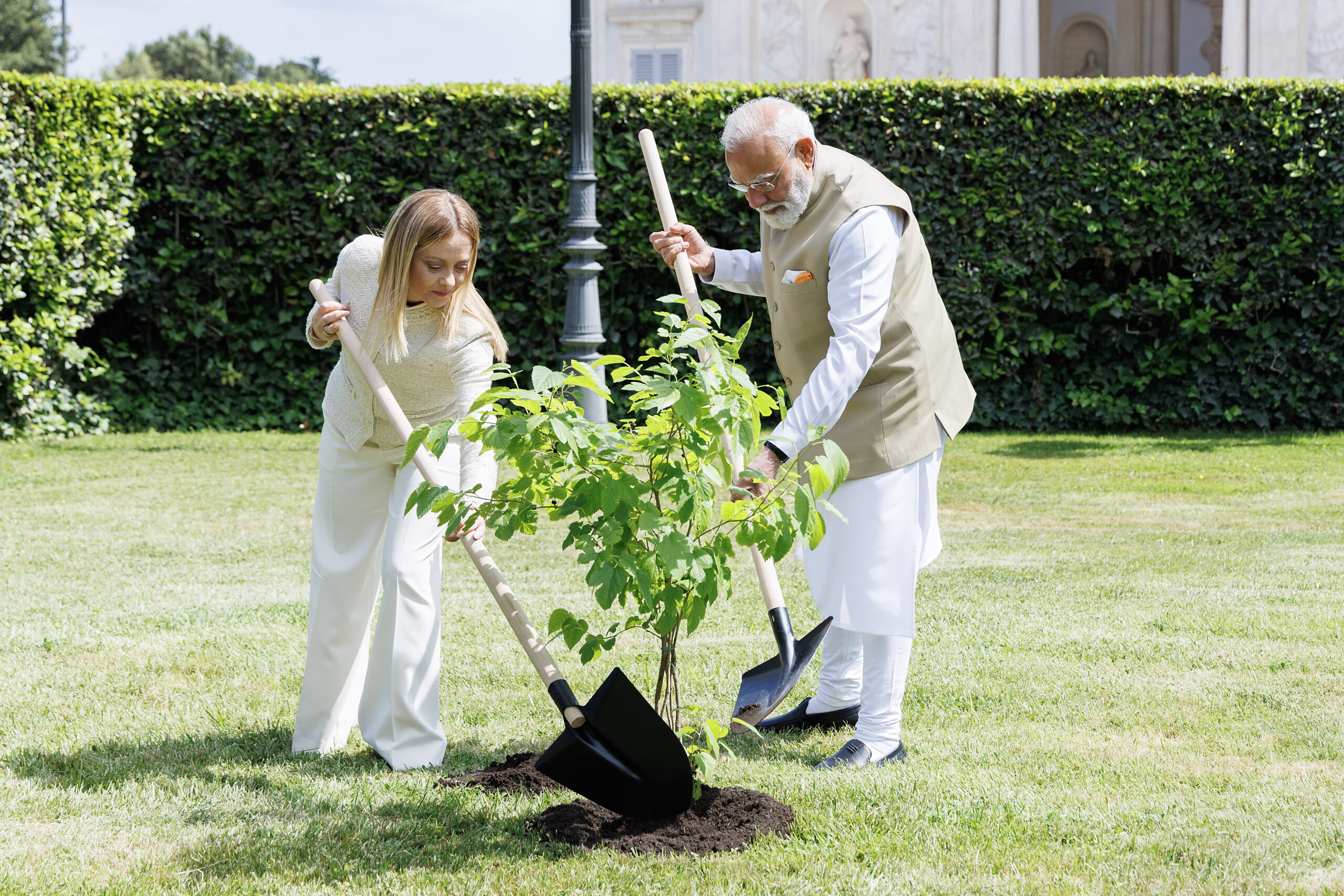 Italia-India, Meloni e Modi piantano un gelso a Villa Pamphilj: le foto della cerimonia