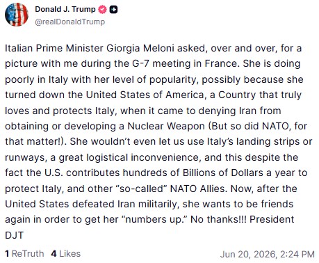 Italia-Usa, Trump: “Meloni vuole tornare amica per far risalire popolarità”. La replica della premier: “Attacchi insensati, Italia Nazione sovrana” Italia-Usa, Trump: “Meloni vuole tornare amica per far risalire popolarità”. La replica della premier: “Attacchi insensati, Italia Nazione sovrana”