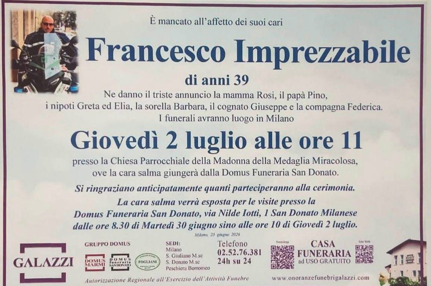 Agente morto dopo un inseguimento, il 2 luglio i funerali a Milano