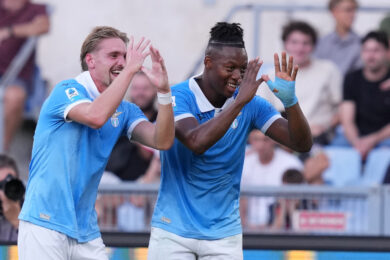 Tijjani Noslin della Lazio esulta dopo aver segnato durante la partita di calcio di Serie A EniLive tra Lazio e Milan (Foto di Alfredo
