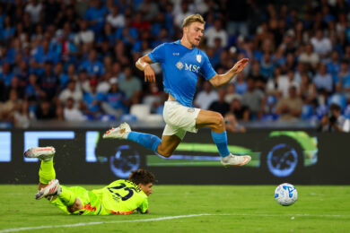 Rasmus Hojlund del Napoli durante la partita di calcio di Serie A tra Napoli e Bologna (Foto di Alessandro Garofalo/LaPresse)