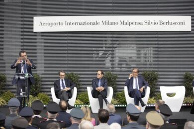 Matteo Salvini alla cerimonia di intitolazione dell’aeroporto di Malpensa a Silvio Berlusconi (Foto di Marco Ottico/Lapresse)