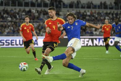 Francesco Pio Esposito durante la partita di calcio della UEFA Nations League 2026/2027 tra Italia e Belgio allo Stadio Olimpico di Roma (Foto by Fabrizio Corradetti/LaPresse)