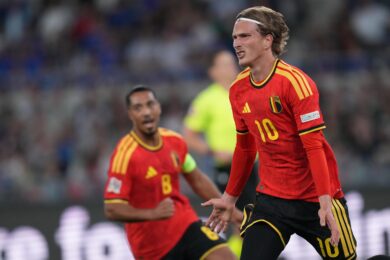 Esultanza di Mika Godts durante la partita di calcio della UEFA Nations League 2026/2027 tra Italia e Belgio allo Stadio Olimpico di Roma (Foto by Alfredo Falcone/LaPresse)