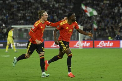 Esultanza Dodi Lukebakio durante la partita di calcio della UEFA Nations League 2026/2027 tra Italia e Belgio allo Stadio Olimpico di Roma (Foto by Fabrizio Corradetti/LaPresse)