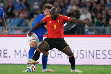 Giorgio Scalvini e Romelu Lukaku durante la partita di calcio della UEFA Nations League 2026/2027 tra Italia e Belgio allo Stadio Olimpico di Roma (Foto by Alfredo Falcone/LaPresse)