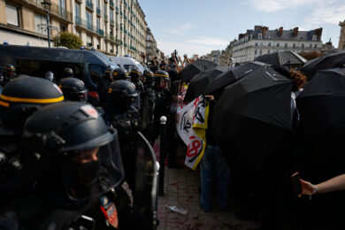 Riot police face students during a protest against under-resourced schools, in Rennes, western France, Tuesday, Oct. 6, 2026. (AP Photo/Jeremias Gonzalez)