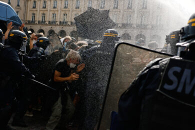 Riot police face students during a protest against under-resourced schools, in Rennes, western France, Tuesday, Oct. 6, 2026. (AP Photo/Jeremias Gonzalez)