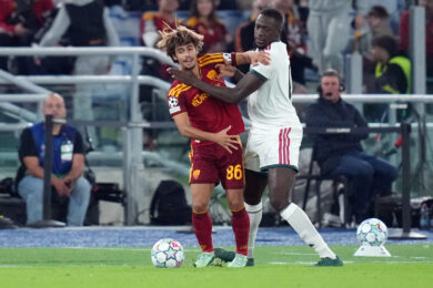 Rodrigo Mora della Roma durante la partita di calcio della fase a gironi della UEFA Champions League - 2ª giornata - tra l'AS Roma e il Real Madrid allo Stadio Olimpico di Roma, Italia - mercoledì 14 ottobre 2026 - Calcio (Foto di Alfredo Falcone/LaPresse)