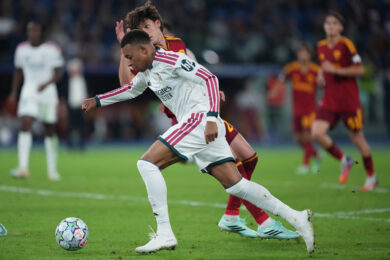 Kylian Mbappé del Real Madrid durante la partita di calcio della fase a gironi della UEFA Champions League - 2ª giornata - tra l'AS Roma e il Real Madrid allo Stadio Olimpico di Roma, in Italia - mercoledì 14 ottobre 2026 - Calcio (Foto di Alfredo Falcone/LaPresse)